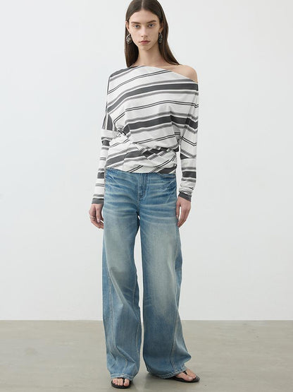 AFTADAWN Asymmetric Shoulder Stripe Button Detail Rayon Tee