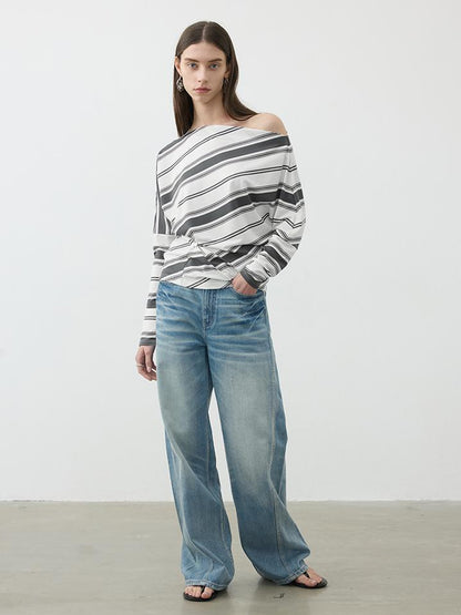 AFTADAWN Asymmetric Shoulder Stripe Button Detail Rayon Tee