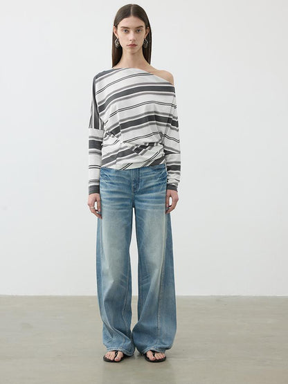 AFTADAWN Asymmetric Shoulder Stripe Button Detail Rayon Tee