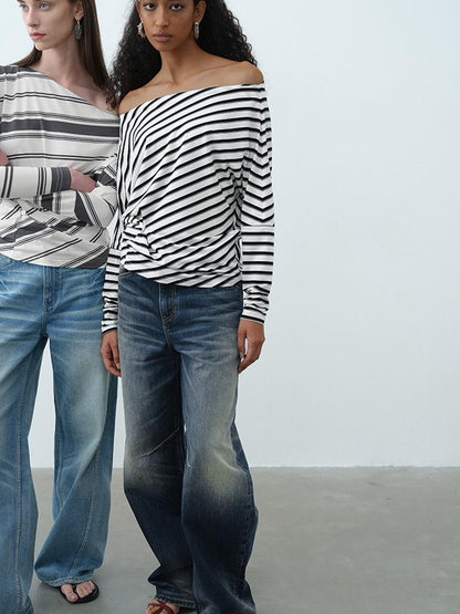 AFTADAWN Asymmetric Shoulder Stripe Button Detail Rayon Tee
