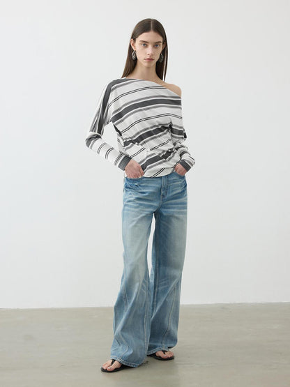AFTADAWN Asymmetric Shoulder Stripe Button Detail Rayon Tee