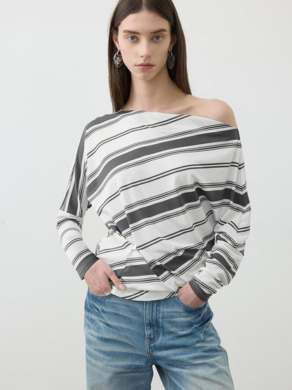 AFTADAWN Asymmetric Shoulder Stripe Button Detail Rayon Tee