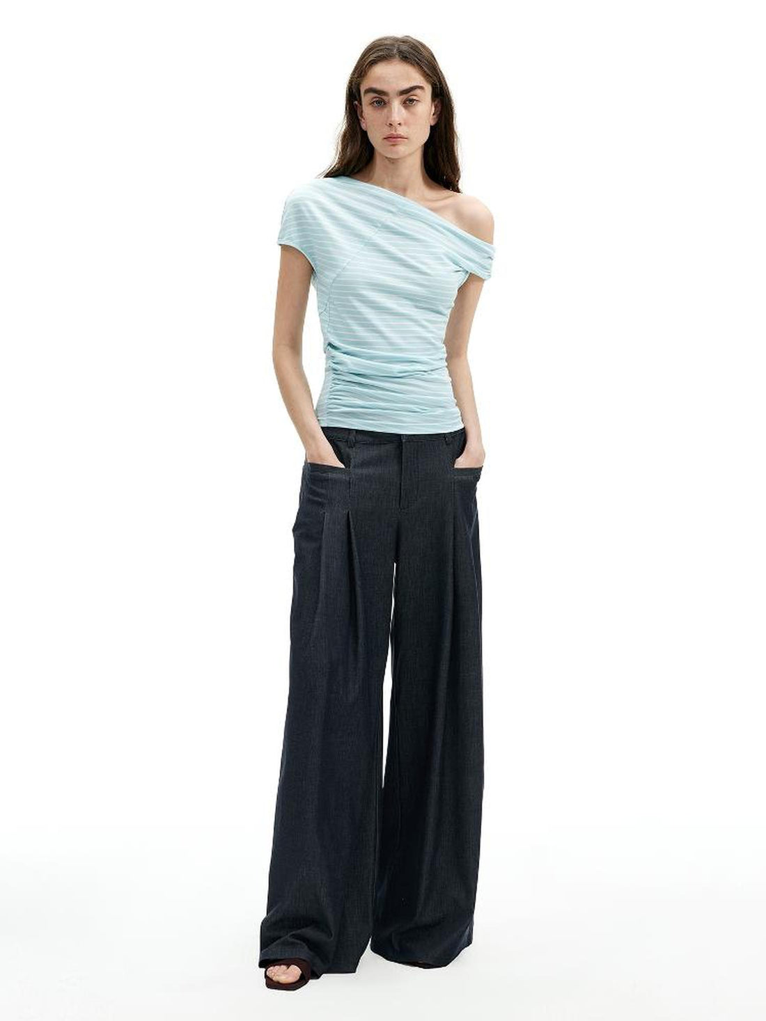 AFTADAWN Asymmetric Shoulder Striped Lyocell Tee