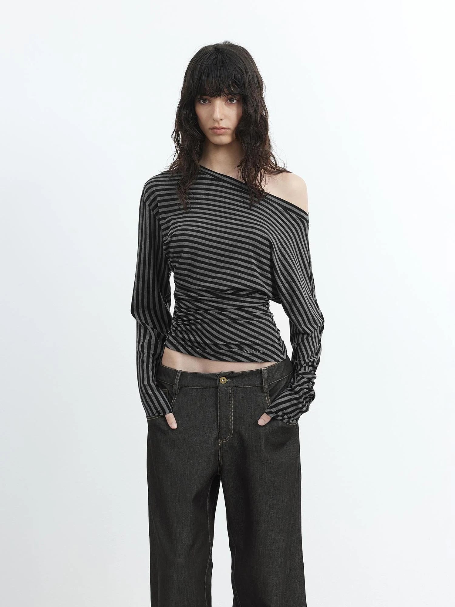 Asymmetric Shoulder Striped Lyocell Top
