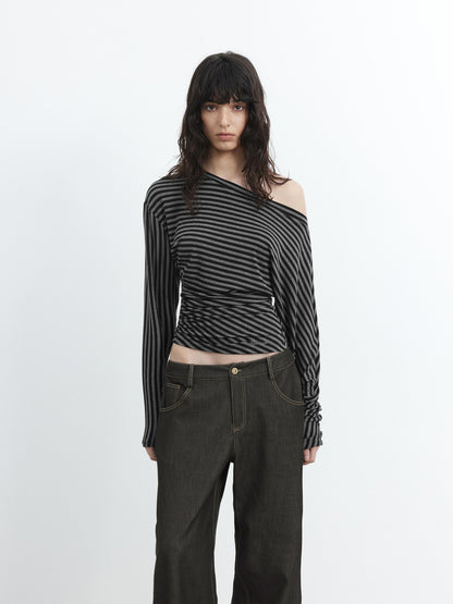 AFTADAWN Asymmetric Shoulder Striped Lyocell Top