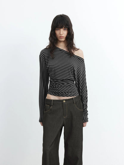 Asymmetric Shoulder Striped Lyocell Top