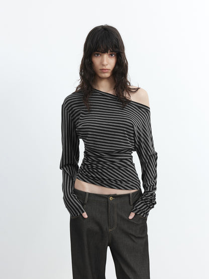 AFTADAWN Asymmetric Shoulder Striped Lyocell Top