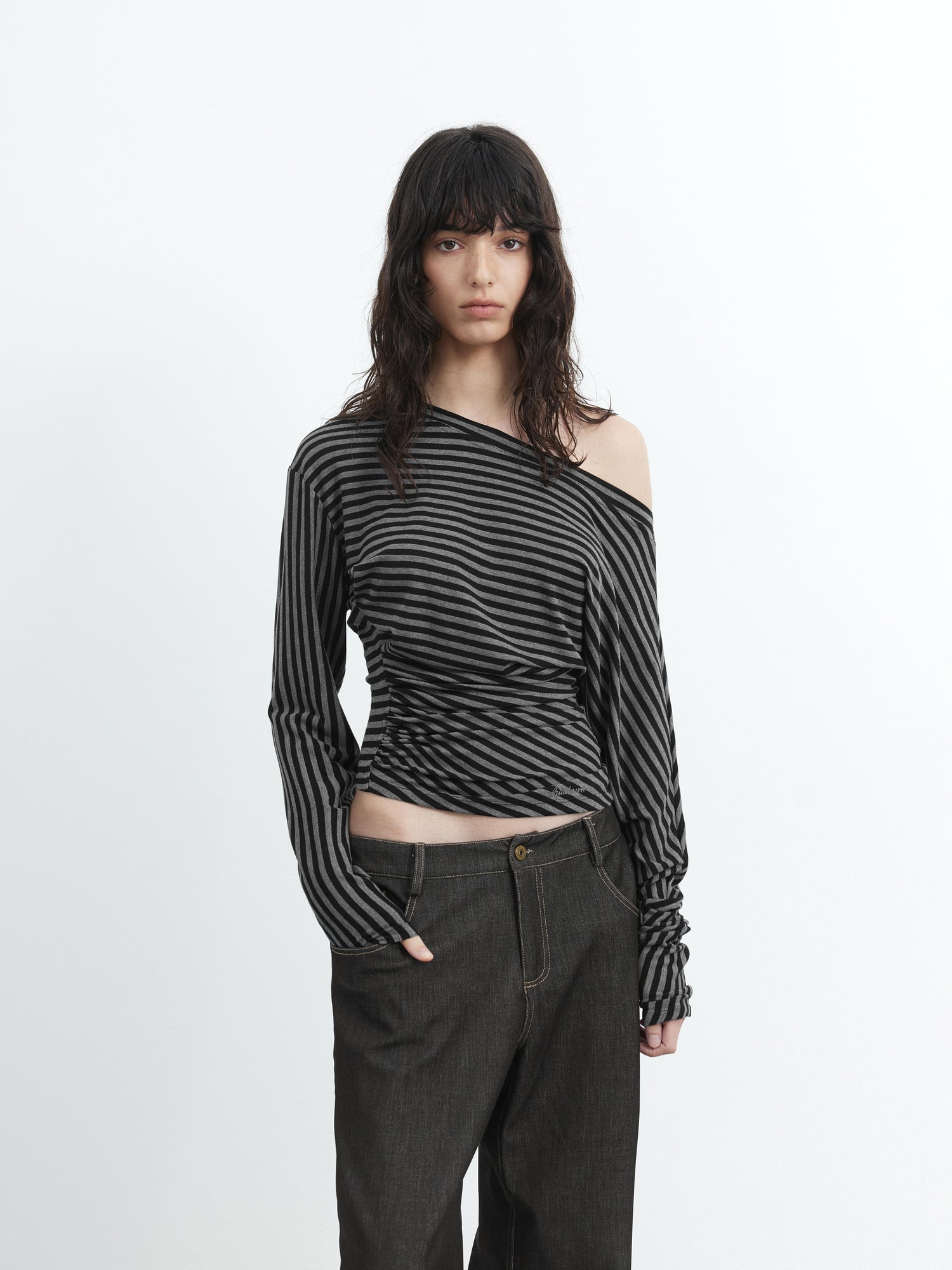 AFTADAWN Asymmetric Shoulder Striped Lyocell Top