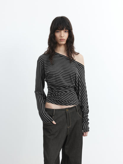 AFTADAWN Asymmetric Shoulder Striped Lyocell Top