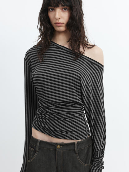 AFTADAWN Asymmetric Shoulder Striped Lyocell Top