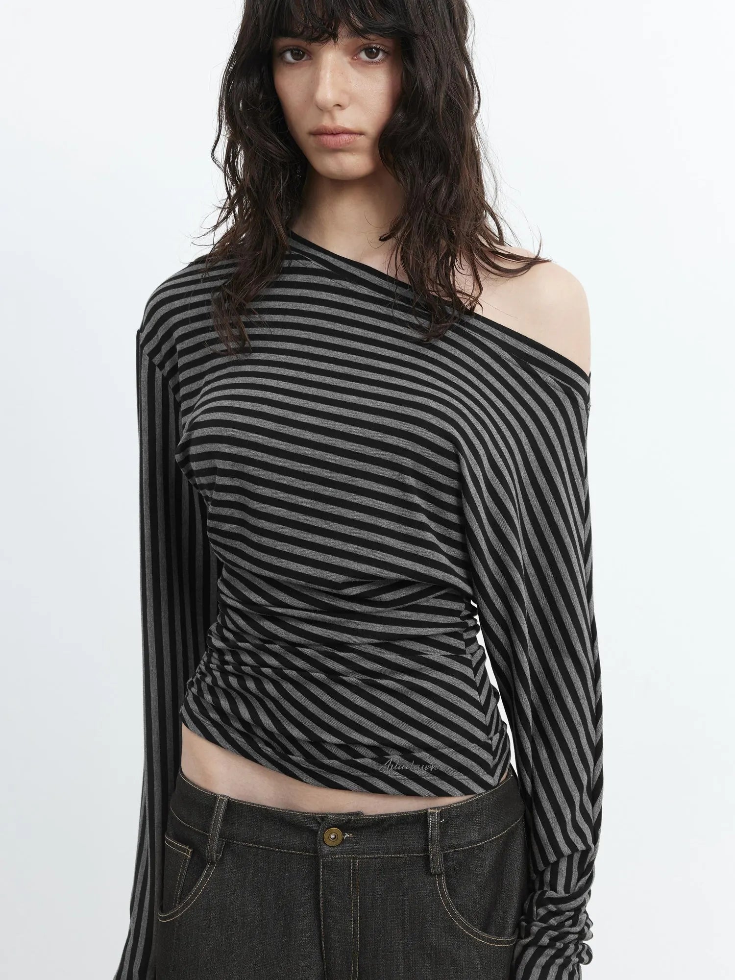 Asymmetric Shoulder Striped Lyocell Top