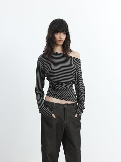 AFTADAWN Asymmetric Shoulder Striped Lyocell Top