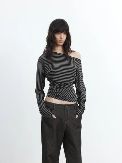 Asymmetric Shoulder Striped Lyocell Top