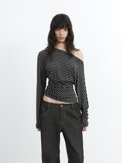 AFTADAWN Asymmetric Shoulder Striped Lyocell Top