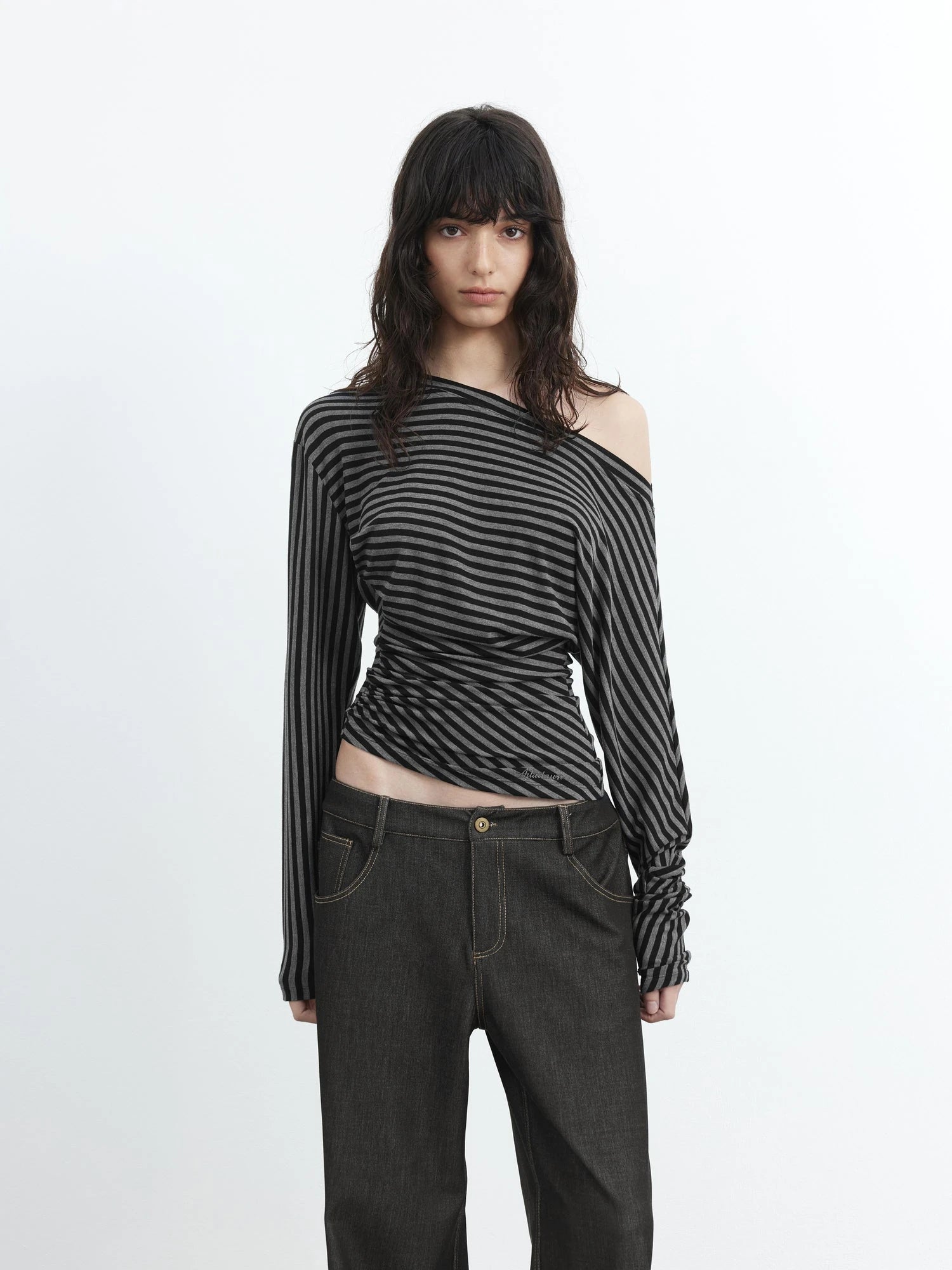 Asymmetric Shoulder Striped Lyocell Top