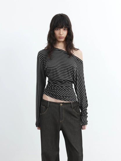 Asymmetric Shoulder Striped Lyocell Top