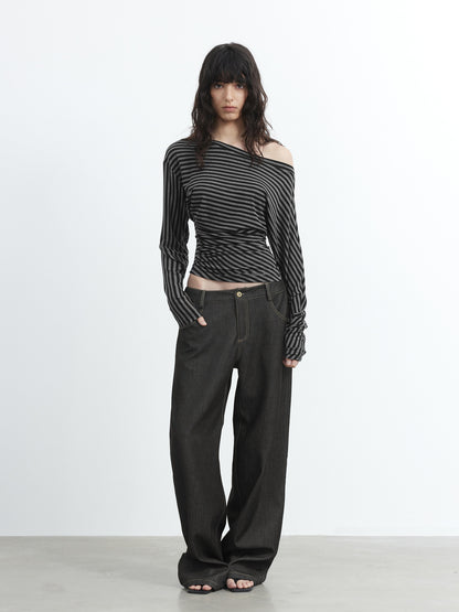 AFTADAWN Asymmetric Shoulder Striped Lyocell Top