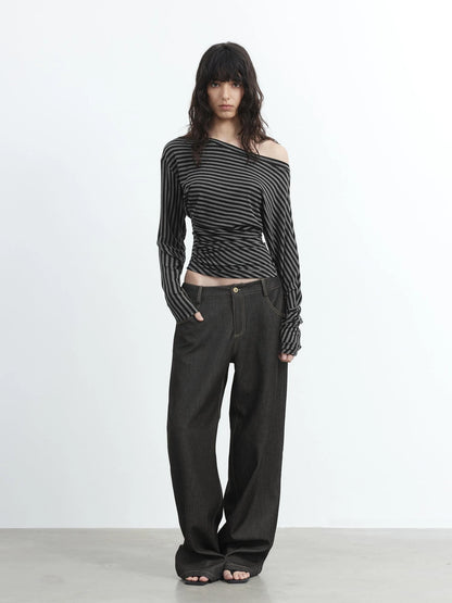 Asymmetric Shoulder Striped Lyocell Top