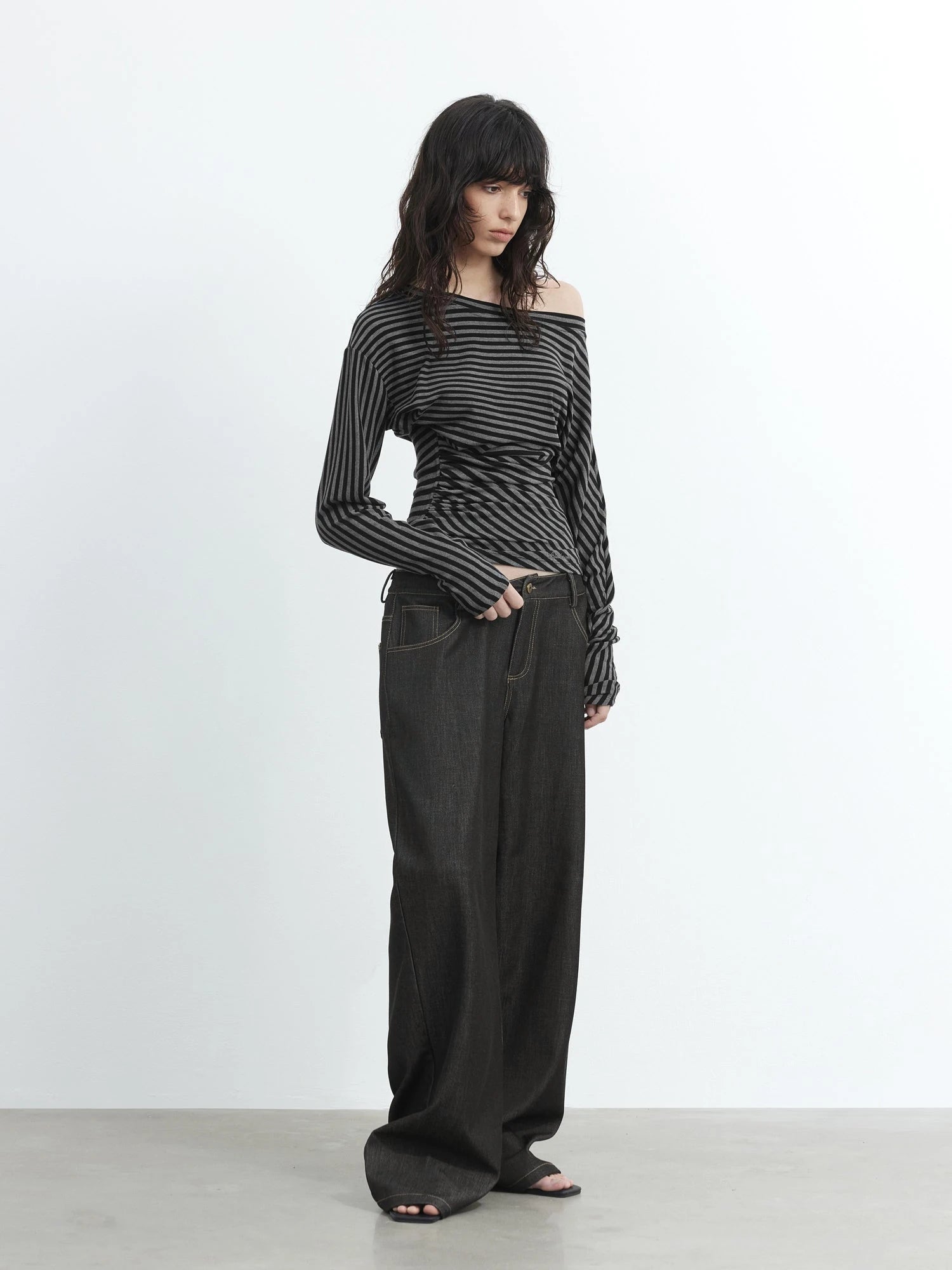 Asymmetric Shoulder Striped Lyocell Top