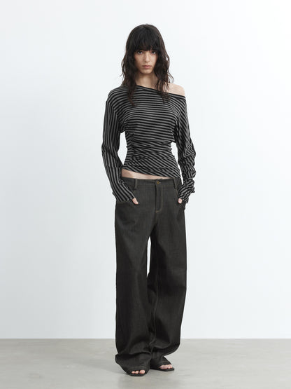 AFTADAWN Asymmetric Shoulder Striped Lyocell Top