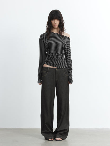 AFTADAWN Asymmetric Shoulder Striped Lyocell Top