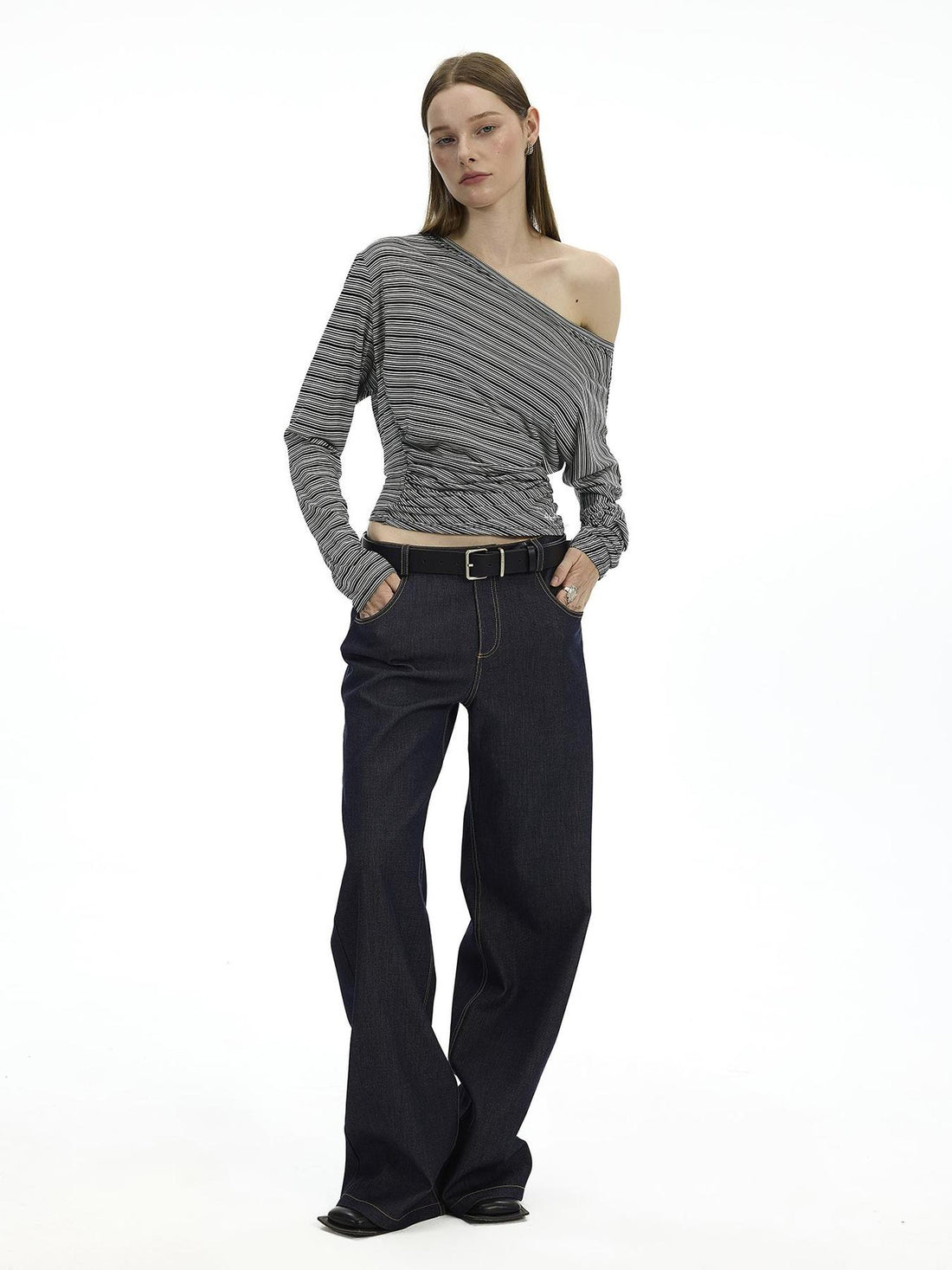 AFTADAWN Asymmetric Shoulder Striped Tee With Waist Draping