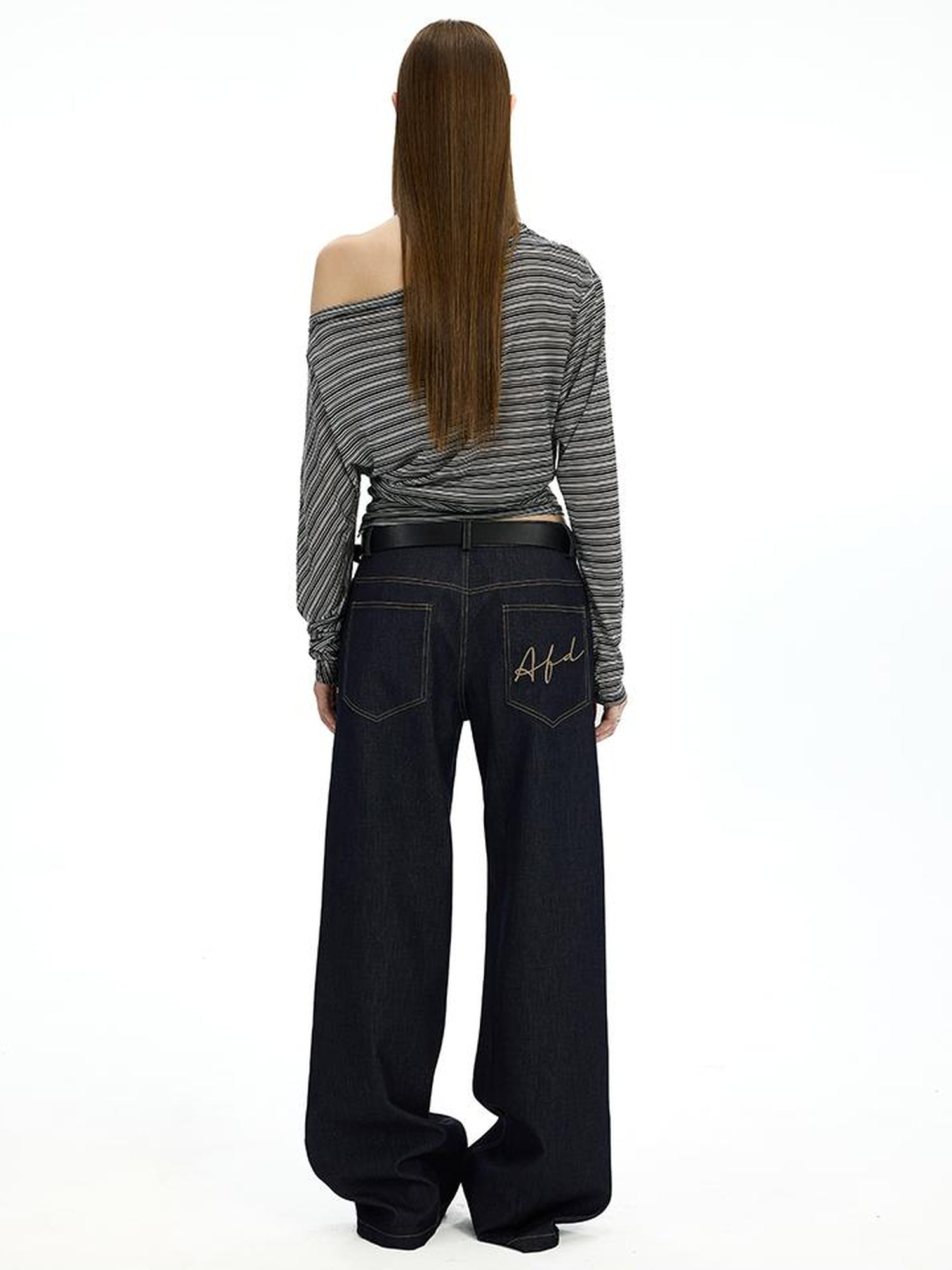 AFTADAWN Asymmetric Shoulder Striped Tee With Waist Draping