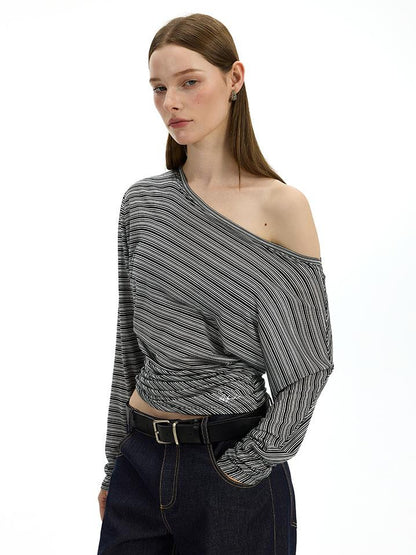 AFTADAWN Asymmetric Shoulder Striped Tee With Waist Draping
