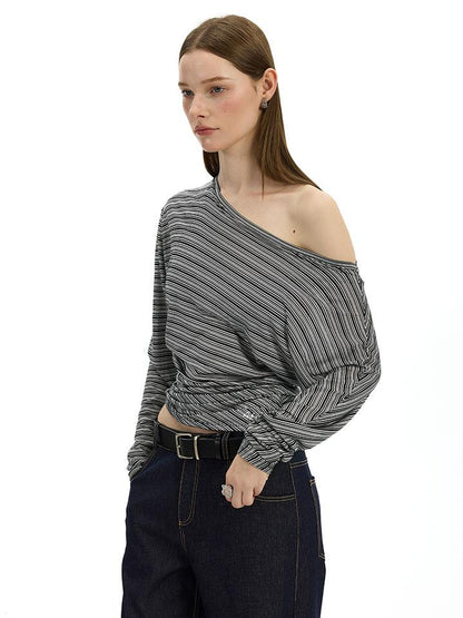 AFTADAWN Asymmetric Shoulder Striped Tee With Waist Draping