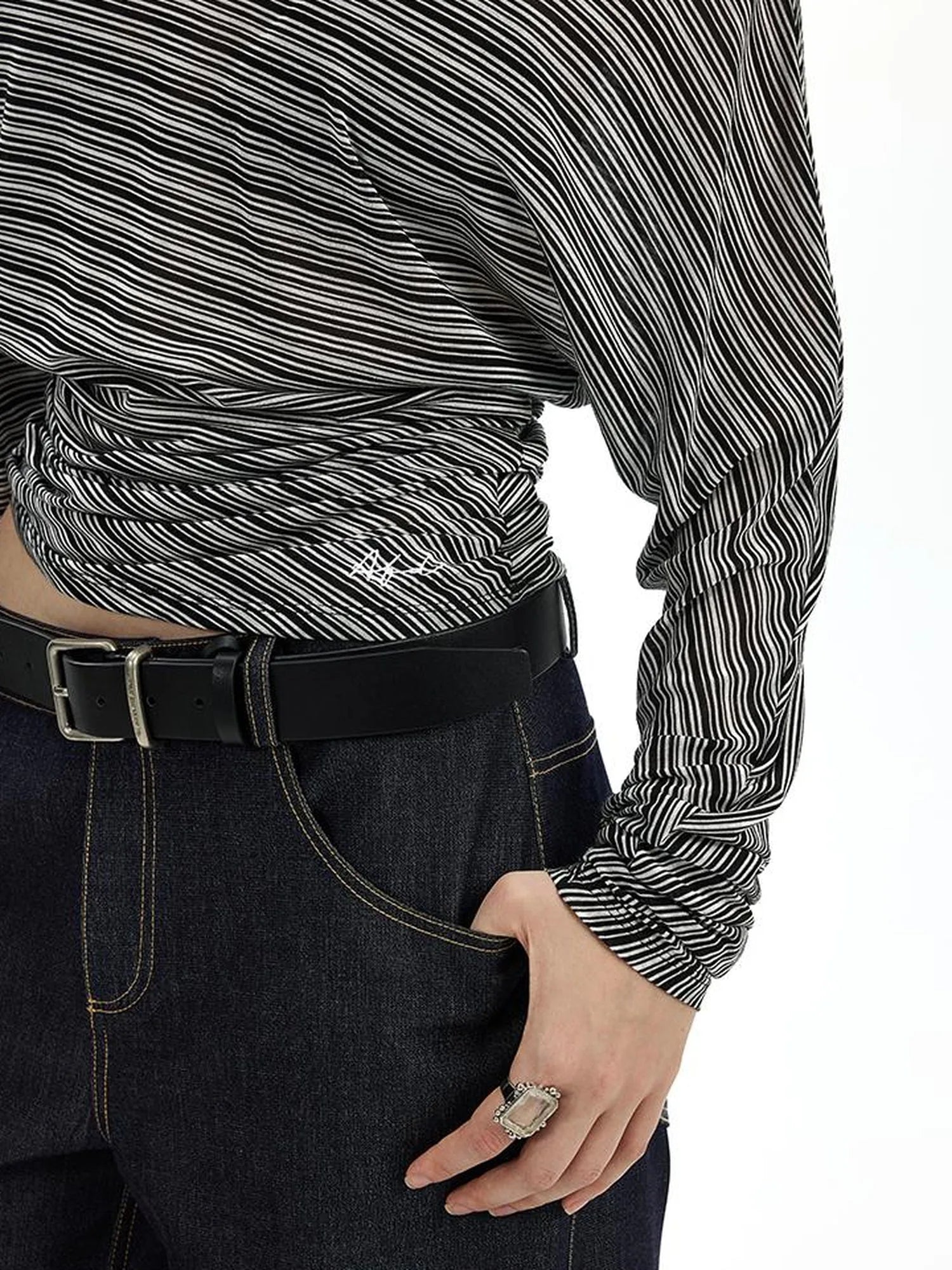 Asymmetric Shoulder Striped Tee With Waist Draping