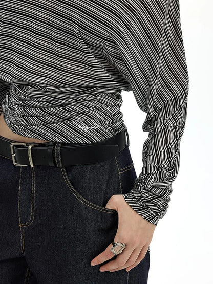 Asymmetric Shoulder Striped Tee With Waist Draping