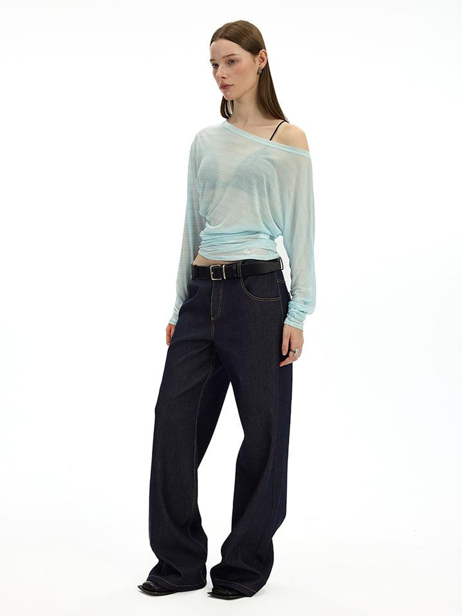 AFTADAWN Asymmetric Shoulder Striped Tee With Waist Draping