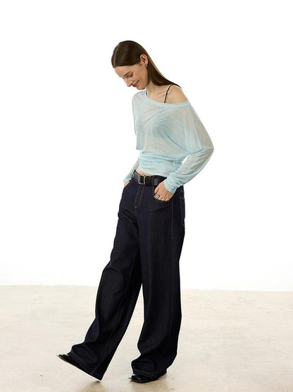 AFTADAWN Asymmetric Shoulder Striped Tee With Waist Draping