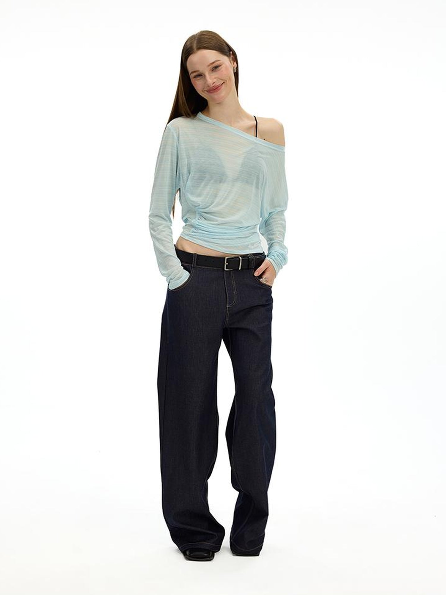 AFTADAWN Asymmetric Shoulder Striped Tee With Waist Draping