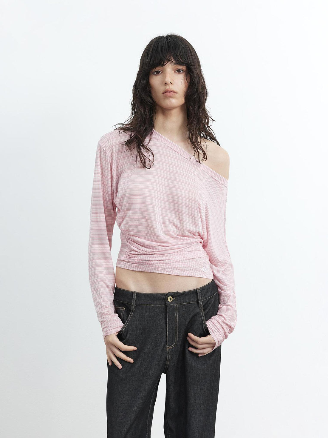 AFTADAWN Asymmetric Shoulder Striped Tee With Waist Draping