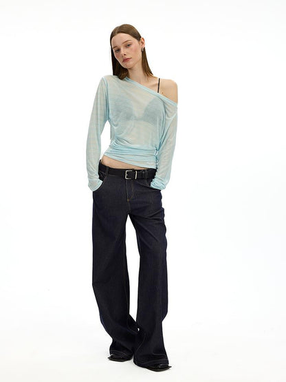 AFTADAWN Asymmetric Shoulder Striped Tee With Waist Draping