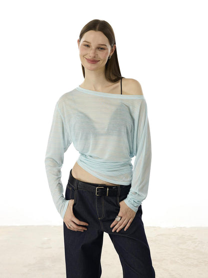 AFTADAWN Asymmetric Shoulder Striped Tee With Waist Draping