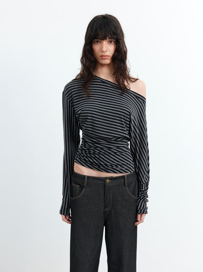 AFTADAWN Asymmetric Shoulder Striped Tee With Waist Draping
