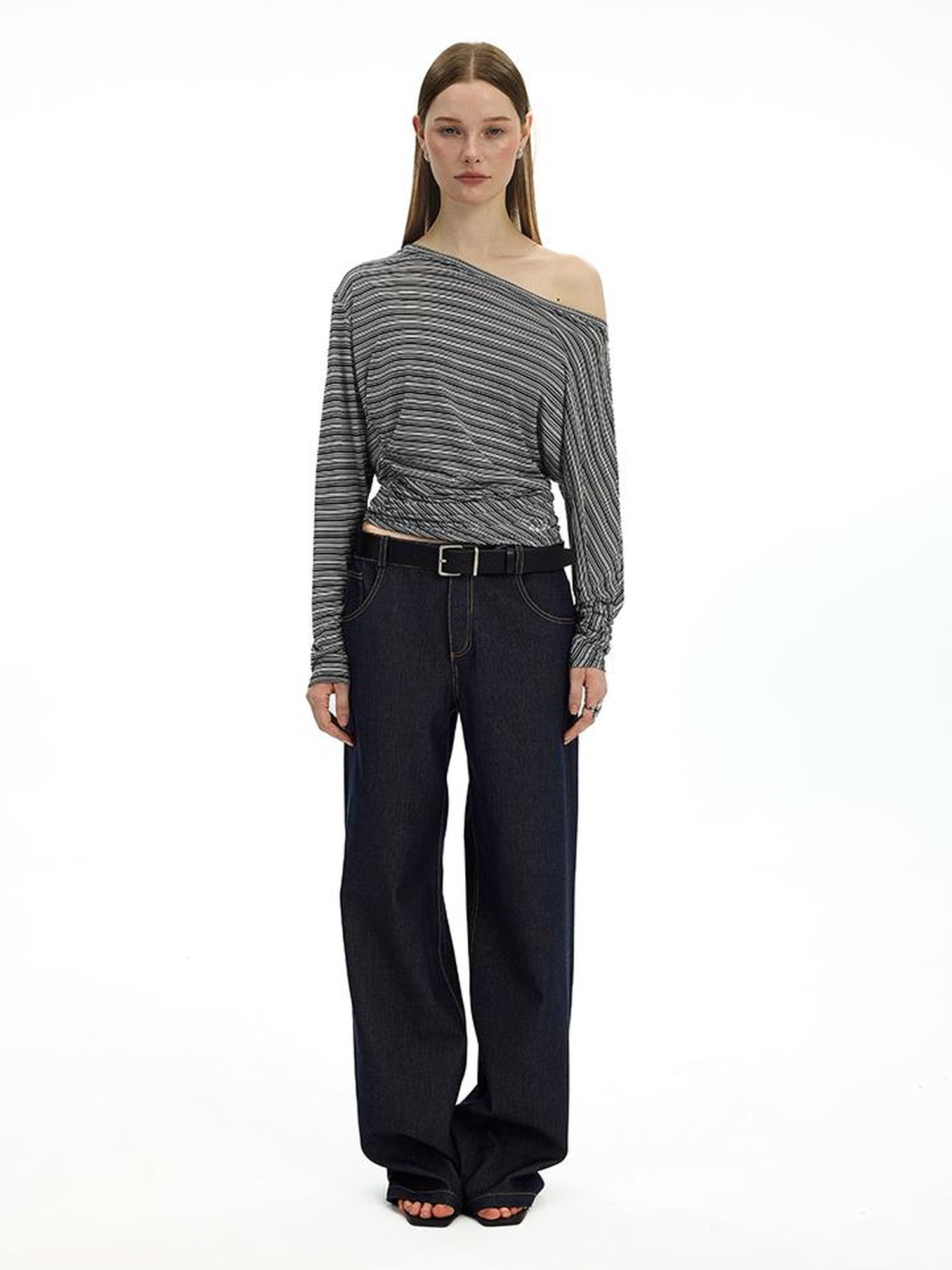 AFTADAWN Asymmetric Shoulder Striped Tee With Waist Draping