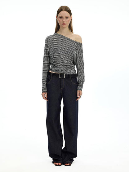 AFTADAWN Asymmetric Shoulder Striped Tee With Waist Draping