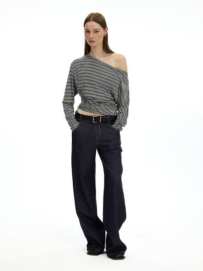 AFTADAWN Asymmetric Shoulder Striped Tee With Waist Draping