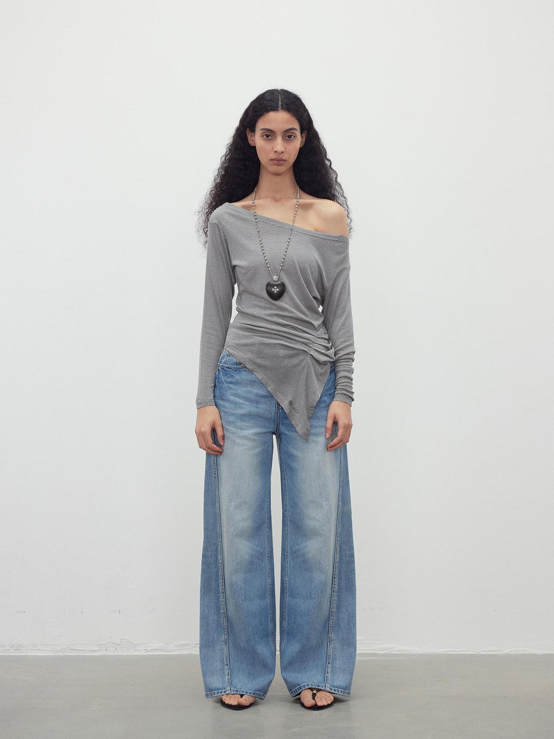 AFTADAWN Asymmetric Shoulder Striped Tencel Wool Stretch Long Sleeve Top