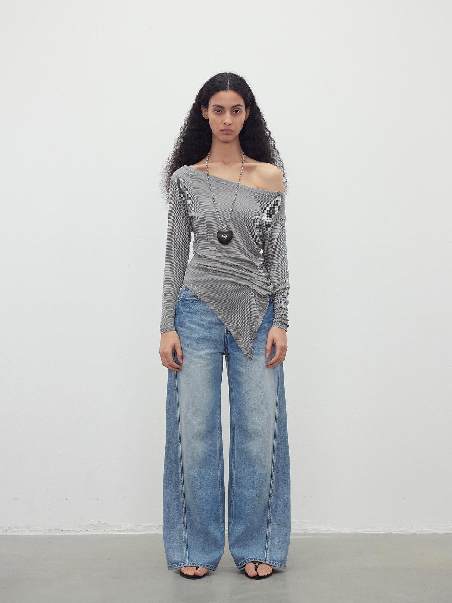 AFTADAWN Asymmetric Shoulder Striped Tencel Wool Stretch Long Sleeve Top