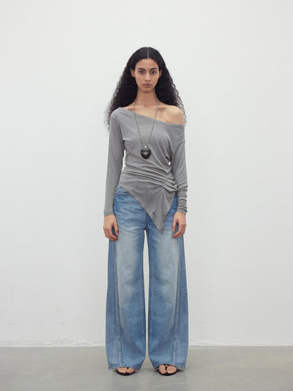 AFTADAWN Asymmetric Shoulder Striped Tencel Wool Stretch Long Sleeve Top