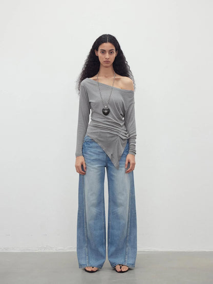 Asymmetric Shoulder Striped Tencel Wool Stretch Long Sleeve Top