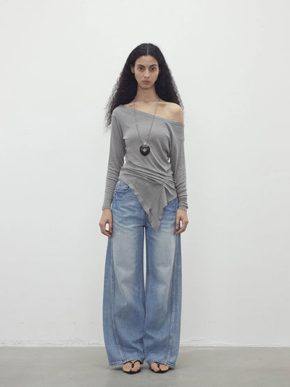 Asymmetric Shoulder Striped Tencel Wool Stretch Long Sleeve Top