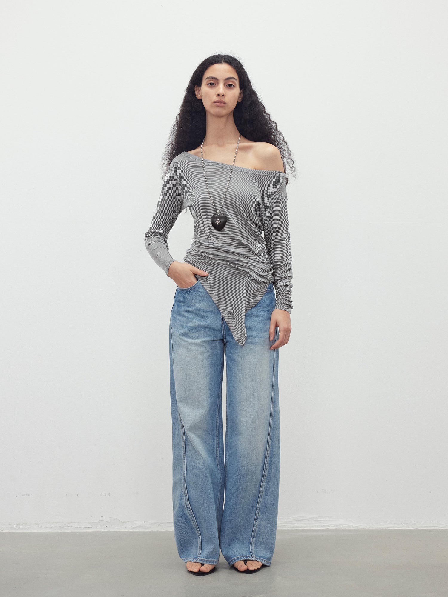 AFTADAWN Asymmetric Shoulder Striped Tencel Wool Stretch Long Sleeve Top