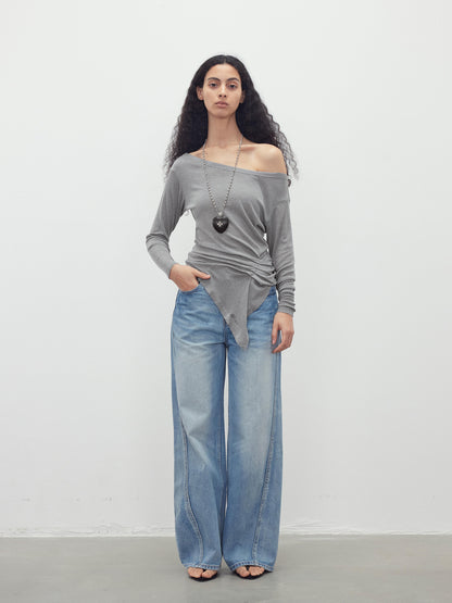 AFTADAWN Asymmetric Shoulder Striped Tencel Wool Stretch Long Sleeve Top