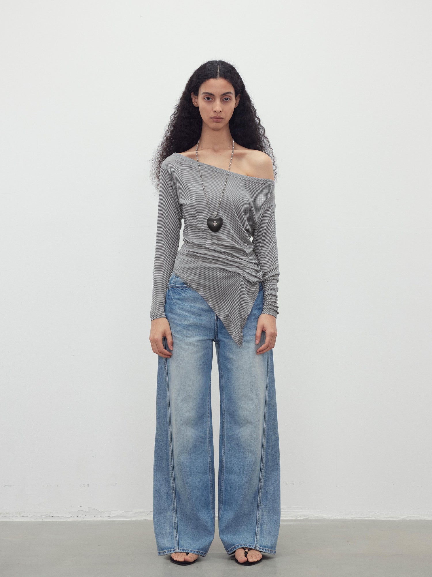 AFTADAWN Asymmetric Shoulder Striped Tencel Wool Stretch Long Sleeve Top