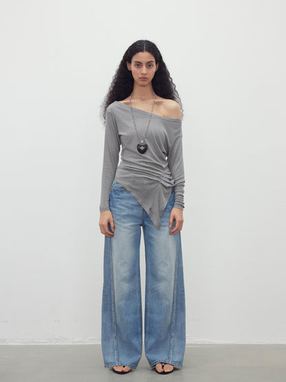 AFTADAWN Asymmetric Shoulder Striped Tencel Wool Stretch Long Sleeve Top